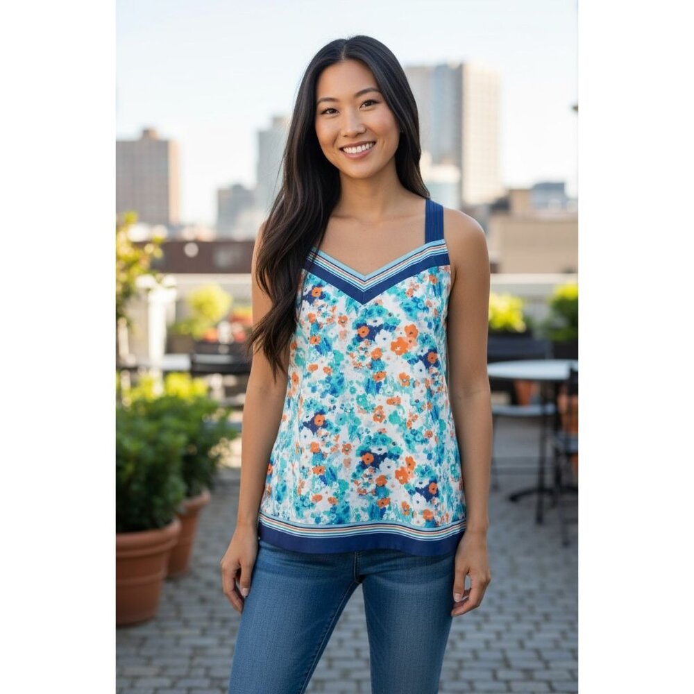 Lauren Conrad Floral Print Sleeveless Top Strappy Back Geometric Neckline Blue